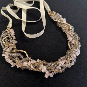 Beautiful pink & gold beaded ribbon necklace